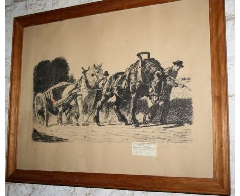 Antique signed lithograph of working horses, framed and glazed 