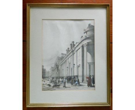 Sir John Soane 'Bank ' C19th C hand coloured lithograph .Bank looking towards the Mansion house' by Thomas Shotter Boys publi