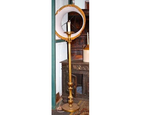 Wooden standard lamp and shade with gold gilt finish 