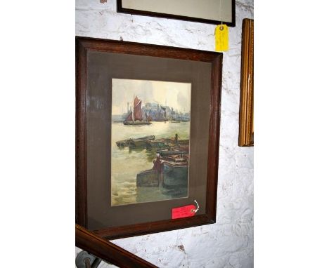 Thames Basin water colour of barges by Gertrude Keeling, framed and glazed