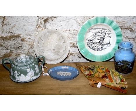 Sailing ship dish, Victorian alabaster plaque, Prattware jar, 2 pieces Wedgewood Jasperware and small fan (upstairs on lot 28