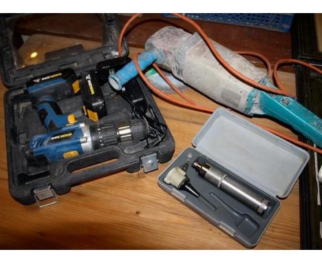 Sturdy old Black and Decker angle grinder, cordless drill in box and boxed doctors torch to look into ears 