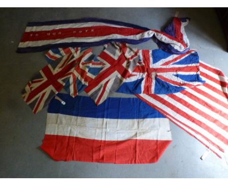 Seven vintage flags including long banner - Welcome Home Our Boys