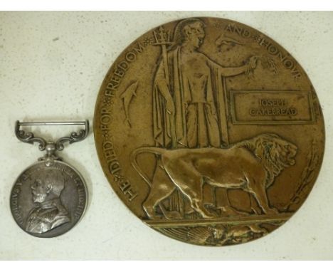 A World War One Bravery Medal and Death Plaque awarded to 29832 Pte Joseph Cakebread 7th Bedford Regiment