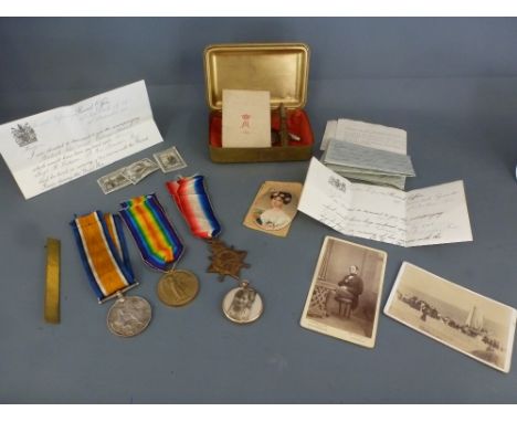 Lance Sgt. R. Kidson 2918 1st London Reg - group of three medals, Princess Mary tin with part bullet pencil and other items r
