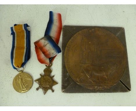 A 1914-15 World War I Mons Star, a Victory medal and a Death plaque awarded to S-9058 PTE James Grear Seaforth Highlanders 