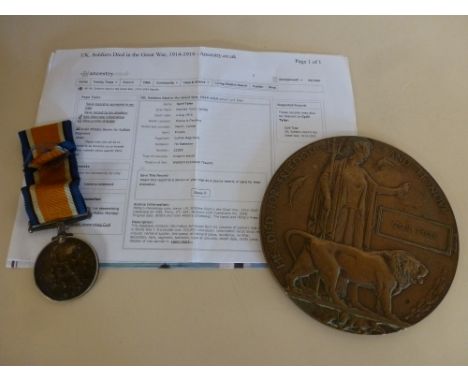 A World War One Memorial plaque and BWM to 23299 Pte Cyril Tyler 7th BN Suffolk Regiment born Romsey Town, Cambridge - killed