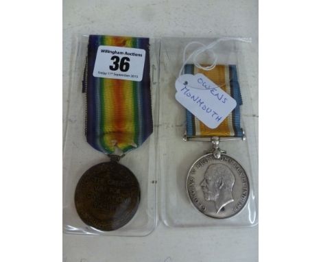 A First World War pair of War and Victory medals named 227763 PTE. J. OWENS. MONMOUTH. R.
Condition report: Very fine, the Vi
