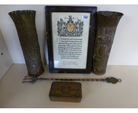 A World War One Casualty scroll in frame to driver Ernest Scott Royal Field Artillery pair of trench art shell cases with 191