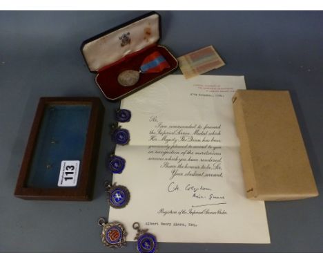 Imperial Service medal to Albert Henry Ackers with letter and six silver and enamel Football fob awards 