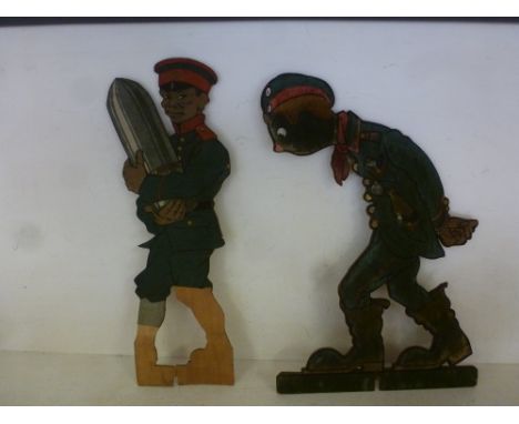 Two World War I early 1900's cut out comical wooden figures to include a Imperial Japanese Army Artillery Man and a German Wo