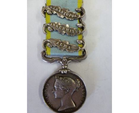 A Crimea War Medal with three clasps, Alma, Inkermann, Sebastopol - named to 30 (5?) 7.  R BEES 4 K.O. REGT.  4th King's Own 