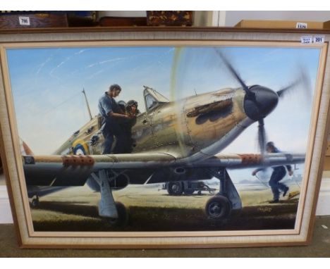 An oil painting on canvas by Chris Gold - Bloody but unbowed - Bill Littlemore unstraps Tom Dalton-Morgan DFC who has just la