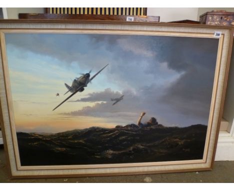 A large oil on canvas painting by Chris Gold of a pair of Hurricanes flying low over an Airman in the Sea,  titled - Thumbing