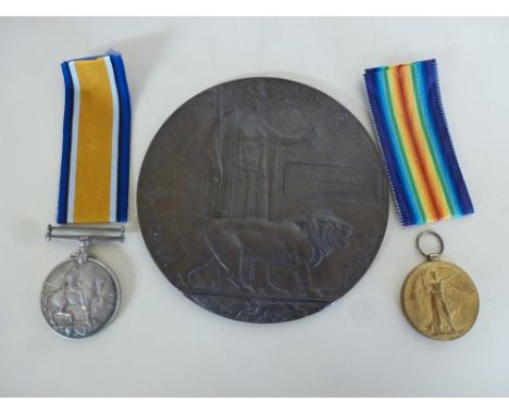 A World War One Casualty pair and plaque to 11762 Pte Frank Mark Thorne Wiltshire Regiment killed in action 25th September 19