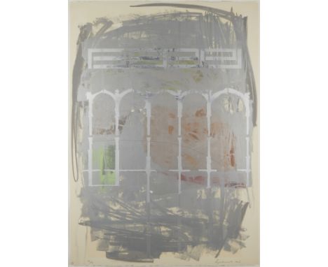 Lee Bjorklund (American, b. 1941). Color lithograph with hand-colored stencils on paper titled "Site Drawn #15," depicting an