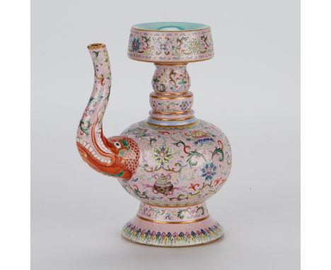 Chinese famille rose porcelain ewer, potted in the Tibetan style, with a globular body and knopped neck below a thick disc-sh