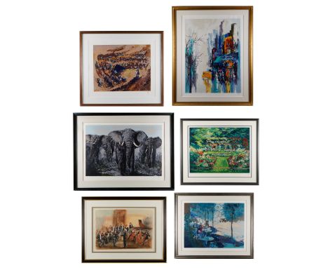 Mark King (British, 1931-2014). Group of six framed serigraphs.The first titled "Pulse of the City," depicting an abstract st