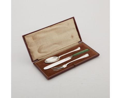 English sterling silver flatware set consisting of a spoon, fork, and knife. One George II spoon, made by Elias Cachart, Lond