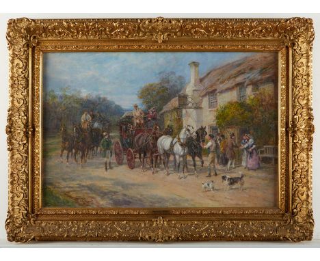 Heywood Hardy (British, 1843-1933). Oil on canvas painting titled "The Fresh Team," depicting a rural inn with two teams of h