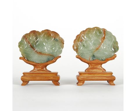 Pair of modern Chinese carved jade plaques. Of a lovely pale jade mottled and streaked with spinach and russet inclusions. On