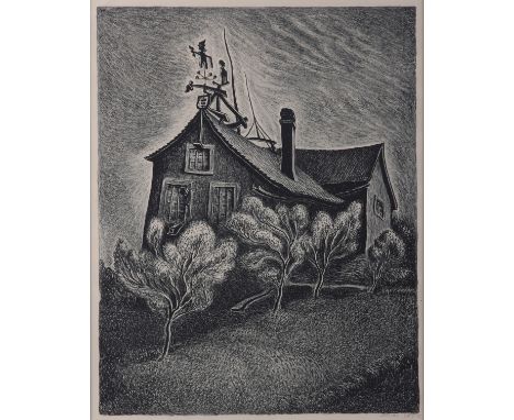 Wanda Gag (American,1893-1946). Lithograph on paper titled "Wagon House," 1929, depicting a two-story house against a cloudy 