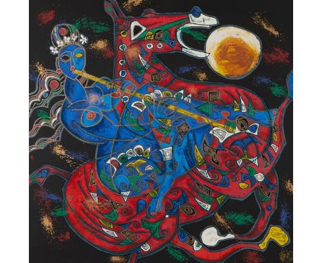 Tiefeng Jiang (Chinese, b. 1938). Serigraph on paper titled "Freedom Suite," depicting a blue woman on horseback. Signed and 