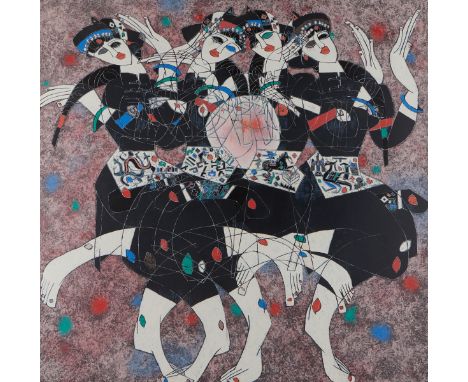 Tiefeng Jiang (Chinese, b. 1938). Serigraph on paper titled "Moonlight Dance," depicting a group of four dancers in black, wh