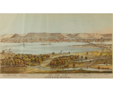 Lithograph depicting a bird's eye view of the city of Winona, Minnesota. Created by Charles Shober and Co.; published by the 