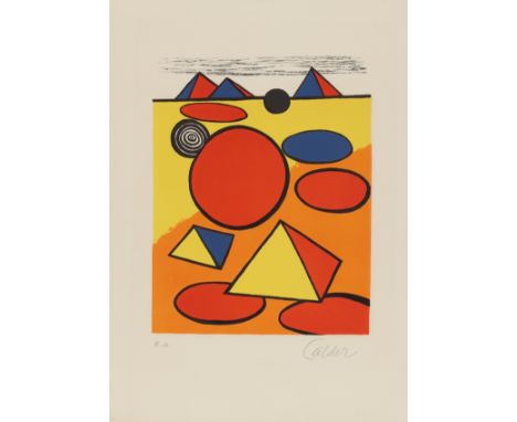 Alexander Calder (American, 1898-1976). Serigraph on paper titled "La Petite Pyramids," depicting colorful abstract circles a