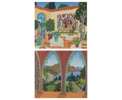 Thomas McKnight (American, b. 1941). Group of two framed serigraphs.The first titled "St. Paul de Vence," depicting a courtya