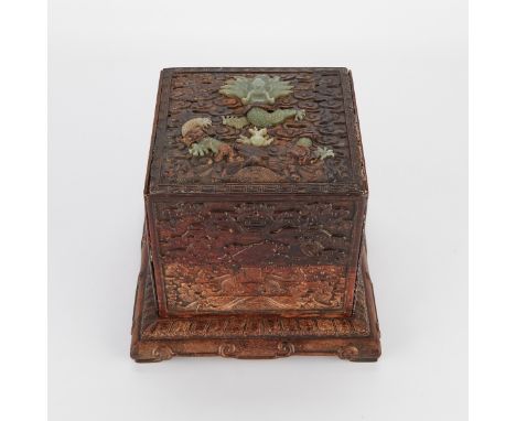 Chinese hardwood seal chest inlaid with a well-carved Hetian celadon jade dragon chasing a flaming pearl along the top. Intri