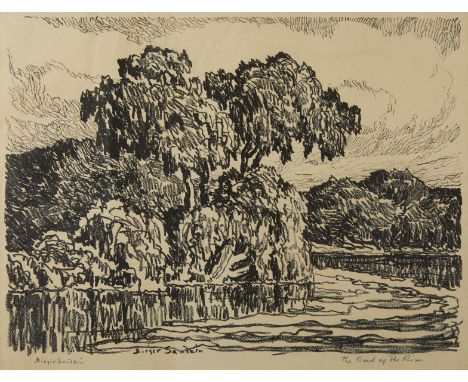 Birger Sandzen (Swedish/American, 1871-1954). Lithograph on paper titled "The Bend of the River," depicting a forest landscap
