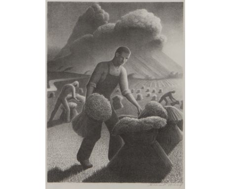 Grant Wood (American, 1891-1942). Lithograph on paper titled "Approaching Storm," 1940. Depicting farmers in the field as a l
