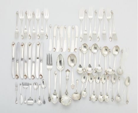 F.W. "Frank" Smith Silver Company, United States. Set of 55 "Wood Lily" pattern sterling silver flatware including: eight kni