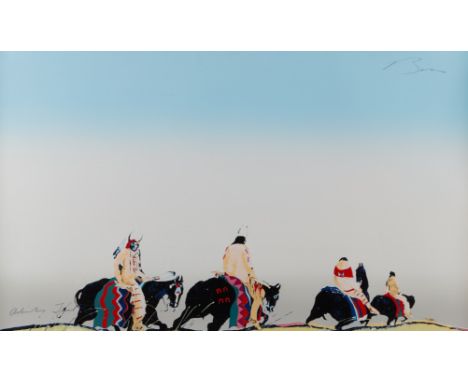 Earl Biss (Crow, 1947-1998). Lithograph titled "Chief of Paradise III," depicting four figures on horses against a vast blue 