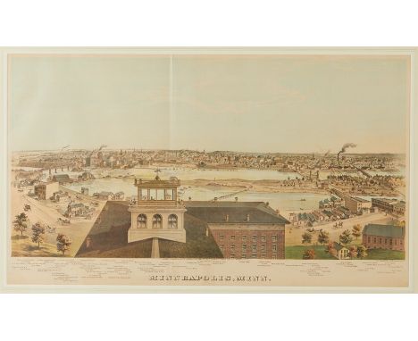Lithograph depicting a bird's eye panoramic view of Minneapolis, Minnesota with points of interest listed below the image. Cr