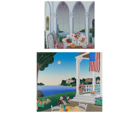 Thomas McKnight (American, b. 1941). Group of two framed serigraphs.The first titled "Constitution," depicting a lakeside por