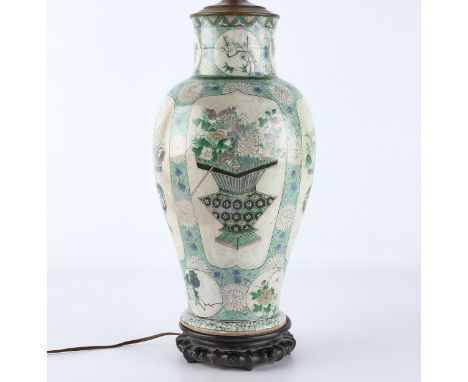 19th-century Chinese famille verte vase depicting bouquets of flowers, drilled as a lamp. With a Kangxi style mark along the 