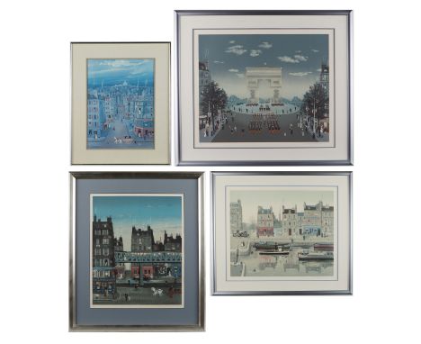 Michel Delacroix (French, b. 1933). Group of four French "naif" or naive style lithographs depicting scenes of Parisian stree