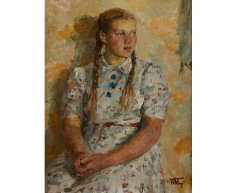 Yuri Podlyaski (Russian, 1923-1987). Oil on canvas painting titled "Zhenya," depicting a portrait of a young Soviet Russian g