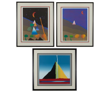Arthur Secunda (American, b. 1927). Group of three framed serigraphs.The first titled "Deja Vu," depicting an abstract mounta