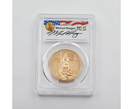 2019-W 1 oz. gold eagle $50 first strike coin, part of the Reagan Legacy Series, designed by sculptor Augustus Saint-Gaudens 