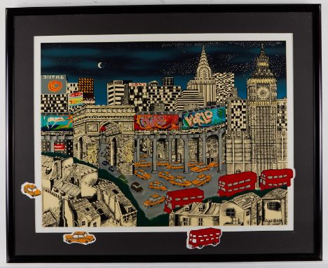 Linnea Pergola (American, b. 1953). Serigraph on paper titled "One World," depicting a nighttime scene of London with double 