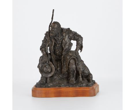 Herb Mignery (American, b. 1937). Cast bronze sculpture titled "The Shepherd," 1979, depicting a grizzled sheepherder seated 