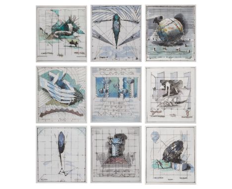 Robert Cumming (American, 1945-2021). Nine hand-colored etchings from the suite "Nine Works: The First Three Minutes, Etc. 19