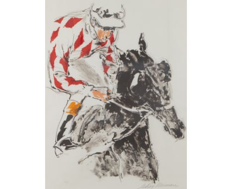 LeRoy Neiman (American, 1921-2012). Serigraph on paper titled "Jack of Diamonds," depicting a jockey racing on a black racing