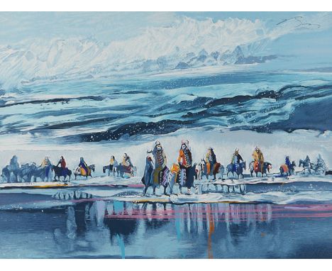 Earl Biss (Crow, 1947-1998). Lithograph titled "Crazy Dogs in the Sun," depicting a group of figures on horses amongst a snow