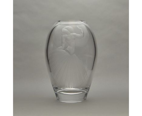 Viktor "Vicke" Lindstrand (Swedish, 1904-1983) for Orrefors, United States. Mid-century modern crystal glass vase with an etc