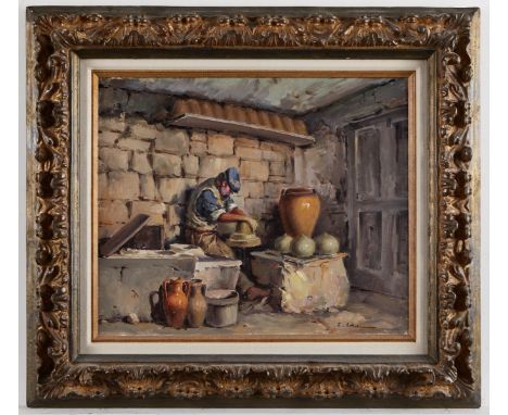Franco Colella (Italian, 1900-1981). Oil on canvas painting depicting a ceramicist throwing a pot in a ceramic studio. Signed